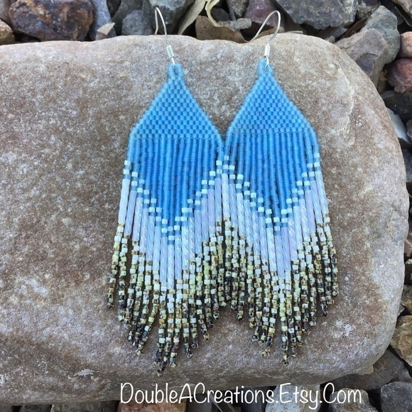 SKY Blue Beaded Earrings With Picasso Rattlesnake Fringe - Picture 5 of 7